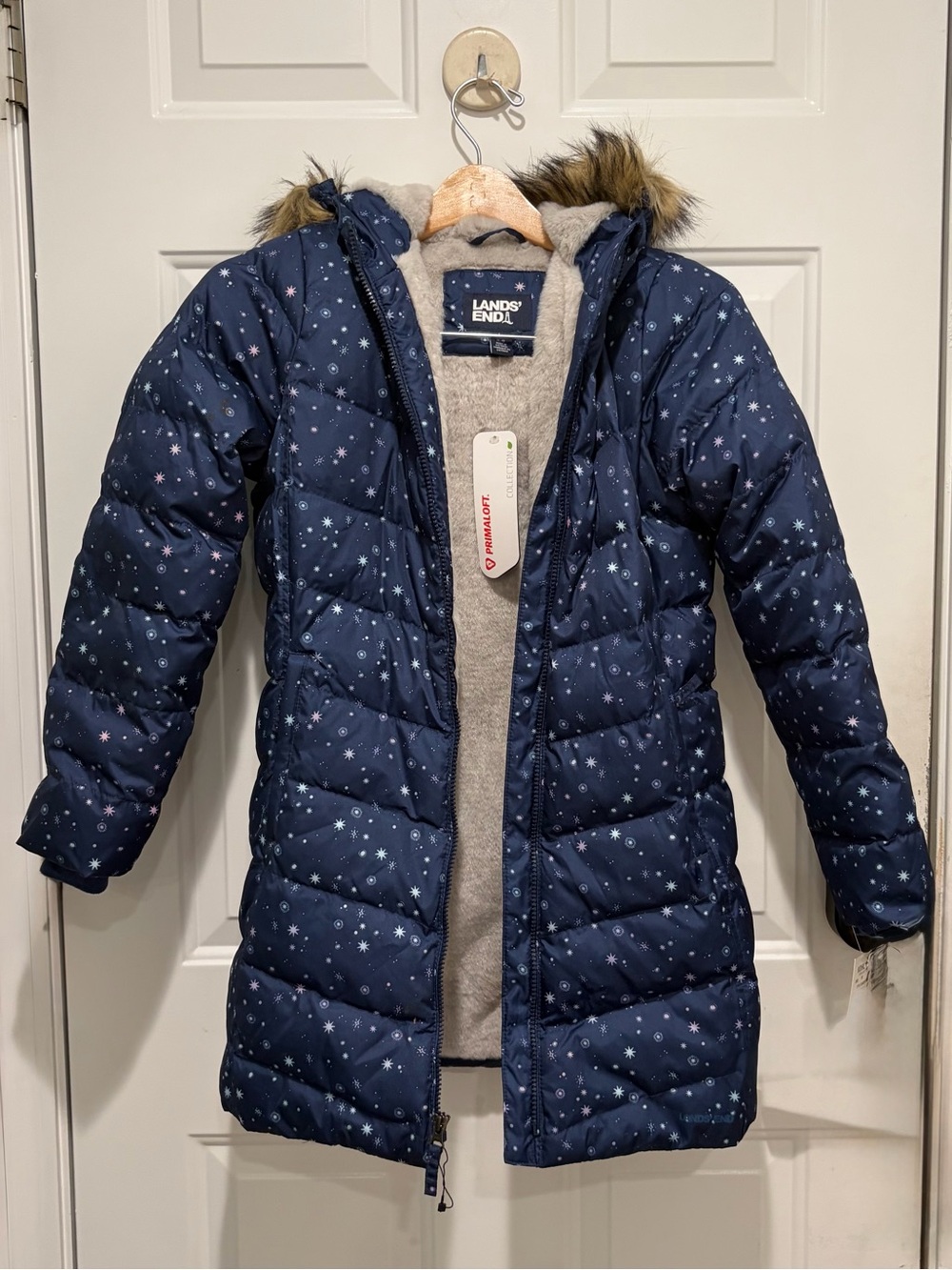 Lands' End Deep Sea Navy Galaxy Print Puffer Coat with Faux-Fur Trim, NWT, Large